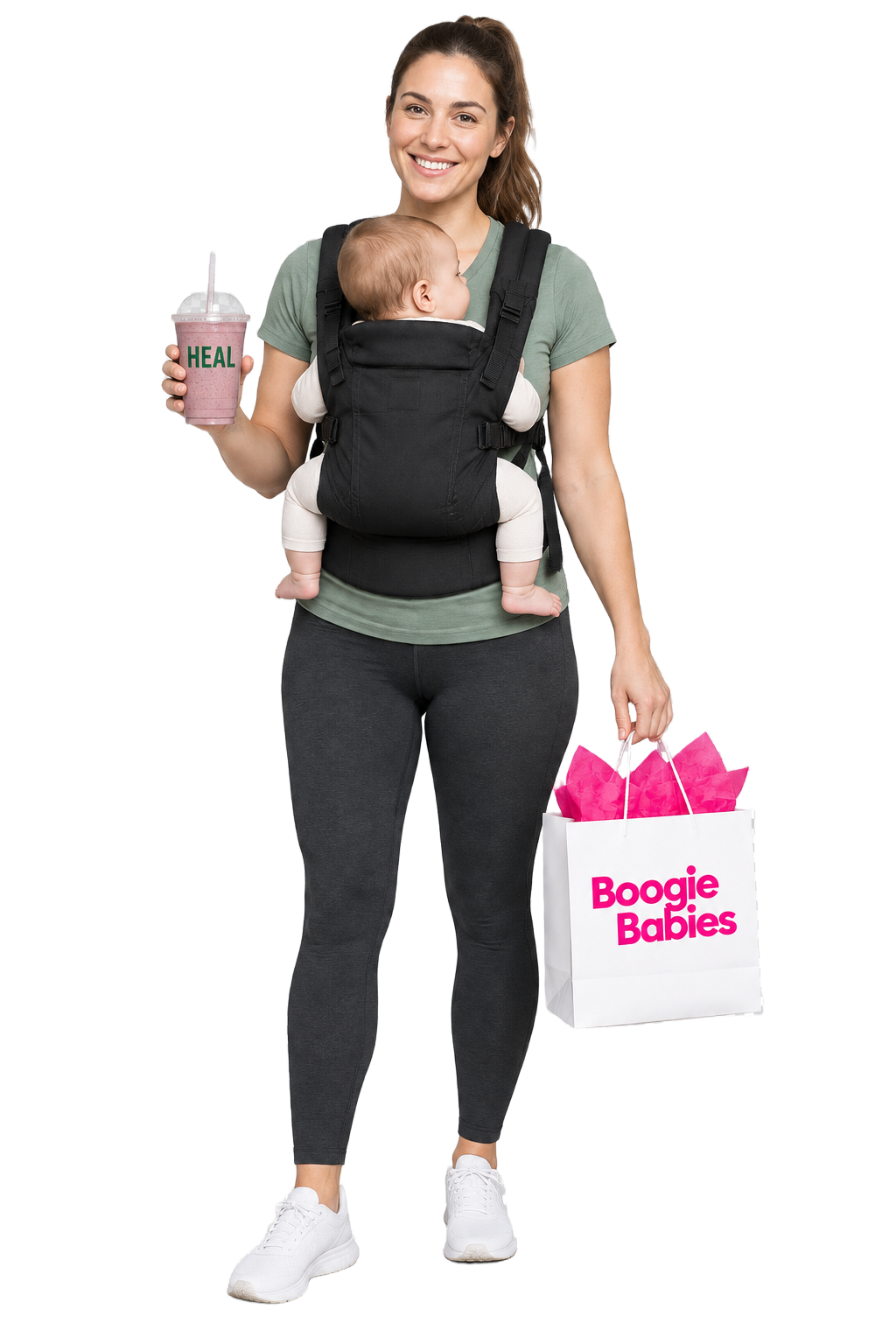 Mom wearing her baby in a carrier, holding a HEAL smoothie and a Boogie Babies gift bag