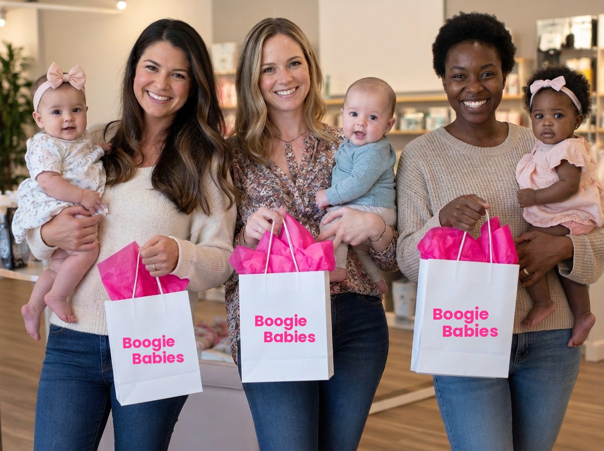 Three smiling moms holding babies and Boogie Babies swag bags
