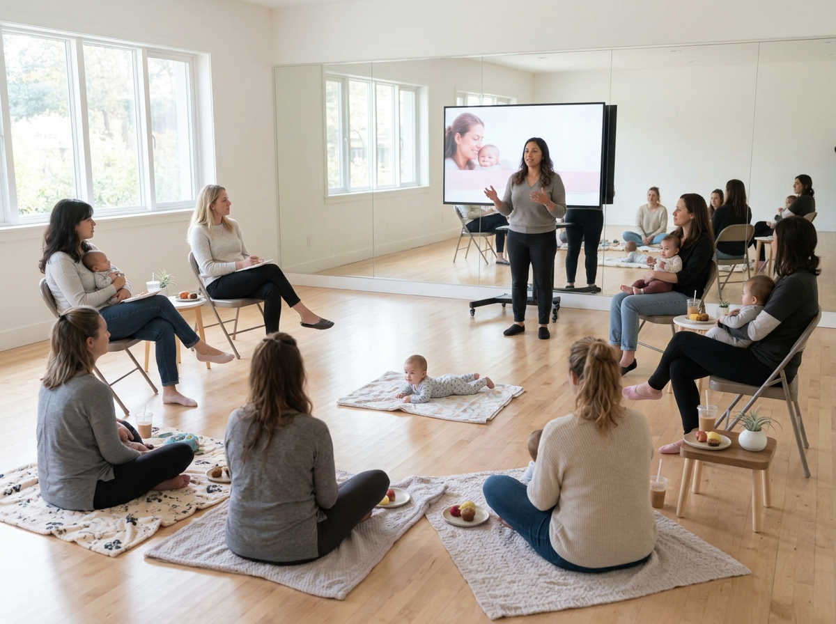 Moms with babies listening to a speaker, smoothies and snacks in hand