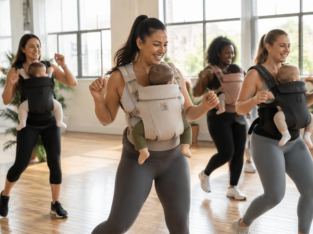 Moms dancing with their babies in carriers during a class